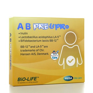 Exp.9/24 (10 ซอง) A B Pre&amp;Pro Mega We Care เอ บี พรีแอนด์โพร พรีไบโอติก โพรไบโอติก ปรับสมดุลลำไส้ ท้องเสีย ท้องผูก