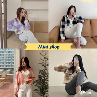 Mini shop🌸พร้อมส่ง🌸(28816) เสื้อไหมพรมแขนยาว คอวี ลายตารางน่ารักสีน่ารักสุดๆ