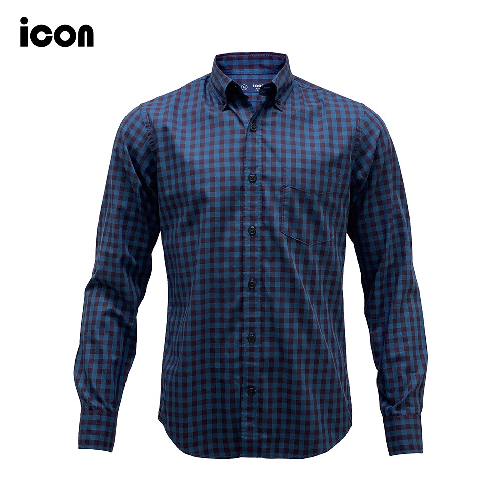 icon (ไอคอน) เสื้อเชิ้ตผู้ชาย แขนยาว เนื้อผ้าคอตตอน มีกระเป๋า ลายสก็อต  สีน้ำเงิน  -  IAC1047NV