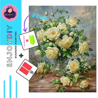 ครอสติสคริสตัล 5d diy diamond painting แบบเม็ด ลาย แจกันกุหลาบขาว ติดเต็ม เม็ดกลม มีประกันเม็ดสี EnjoyDIY พร้อมส่งจากไทย