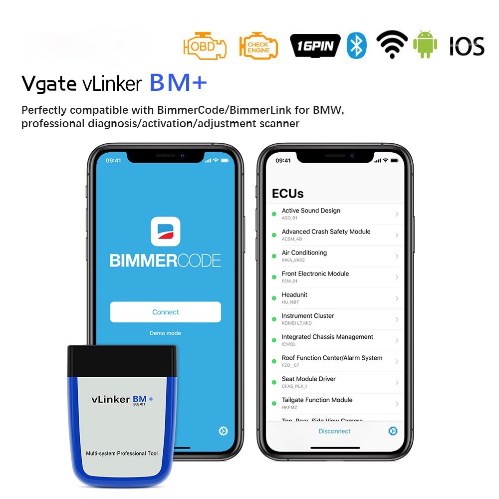 Vgate vLinker BM + ELM327 OBD 2 OBD2 สําหรับ BMW Bimmercode เครื่องสแกนเนอร์บลูทูธ 4.0 wifi ODB2 รถว