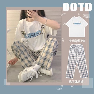 [พร้อมส่ง] ชุดเสื้อแขนสั้น กางเกงขายาว ขากว้าง ลายสก๊อต ทรงหลวม สําหรับผู้หญิง นักเรียน
