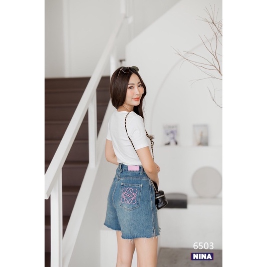 🌟STF_SHOP🌟#6503 งานกางเกงยีนส์ขาสั้นสามส่วนเอวสูง ปรี๊ด ผ้าไม่ยืด  แต่งขาด มาพร้อมกับงานปัก น่ารัก ๆๆ - รูปที่ 3