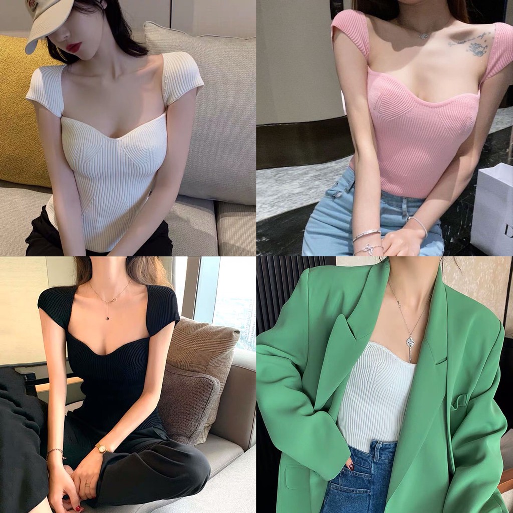 ส่งทันที Cici(พร้อมส่ง)เสื้อแขนสั้นเว้าอก ผ้ายืดนิ่ม HOT·สุดๆ(70009)