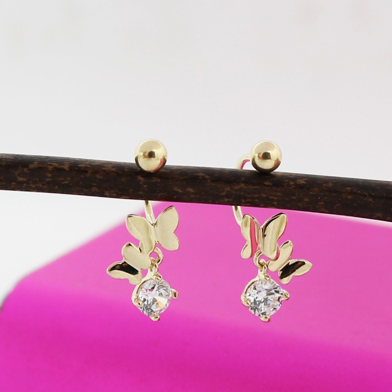 บลูเบอร์รี่หวานใจเกาหลีบริสุทธิ์ 14K ต่างหูทองมันวาวสามมิติสวยหรูคู่ผีเสื้อ K ทองคำบริสุทธิ์ U-shaped Earrings หญิง