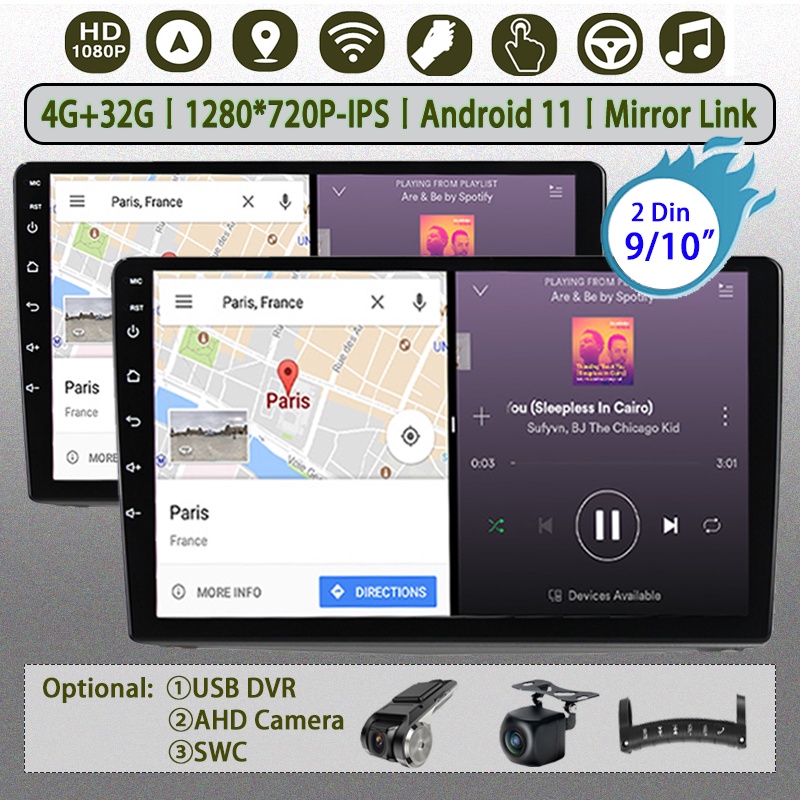 วิทยุติดรถยนต์  จอ 9 10 นิ้ว android รถยนต์  GPS WIFI HD1280*720P 4G+32G Android11  2 Din สําหรับรถยนต์