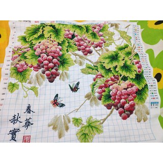 ชุดปักครอสติชพิมพ์ลาย องุ่น พวงองุ่น ต้นองุ่น ผลไม้ (Fruitful grapes cross stitch kit)