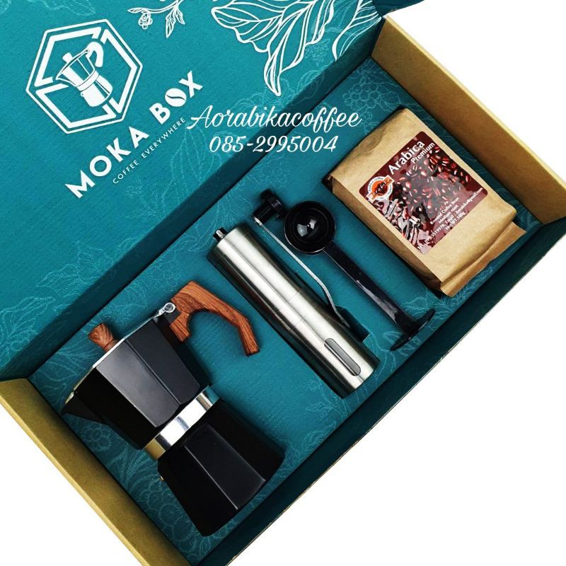 อุปกรณ์กลางแจ้ง ชุดทำกาแฟสด Moka box กล่องสีเขียว+หม้อ Moka pot 6cup+ที่บดสแตนเลส+ช้อน+กาแฟ 250กรัม