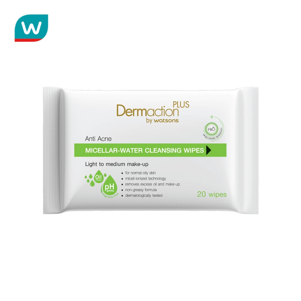 Dermaction Plus by Watsons ไมเซลล่า วอเตอร์ คลีนซิ่ง ไวพส์ สูตรแอนตี้-แอคเน่ (20 แผ่น)