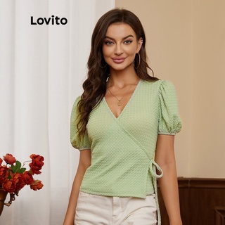 Lovito เสื้อเบลส์แขนพัฟ ผูกเชือก/โบ สีพื้น สไตล์หรูหรา L17D070 (สีเขียว)