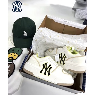 Mlb ของแท้ 100% รองเท้าผ้าใบลําลอง ส้นเตี้ย พื้นหนา พิมพ์ลายโลโก้ NY ขนาดใหญ่ สไตล์เรโทร สําหรับผู้ชาย และผู้หญิง