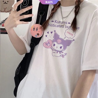 เสื้อยืดแขนสั้นลําลอง คอกลม ทรงหลวม พิมพ์ลายการ์ตูนอนิเมะ Kuromi แฟชั่นฤดูร้อน สําหรับผู้หญิง [RAIN]