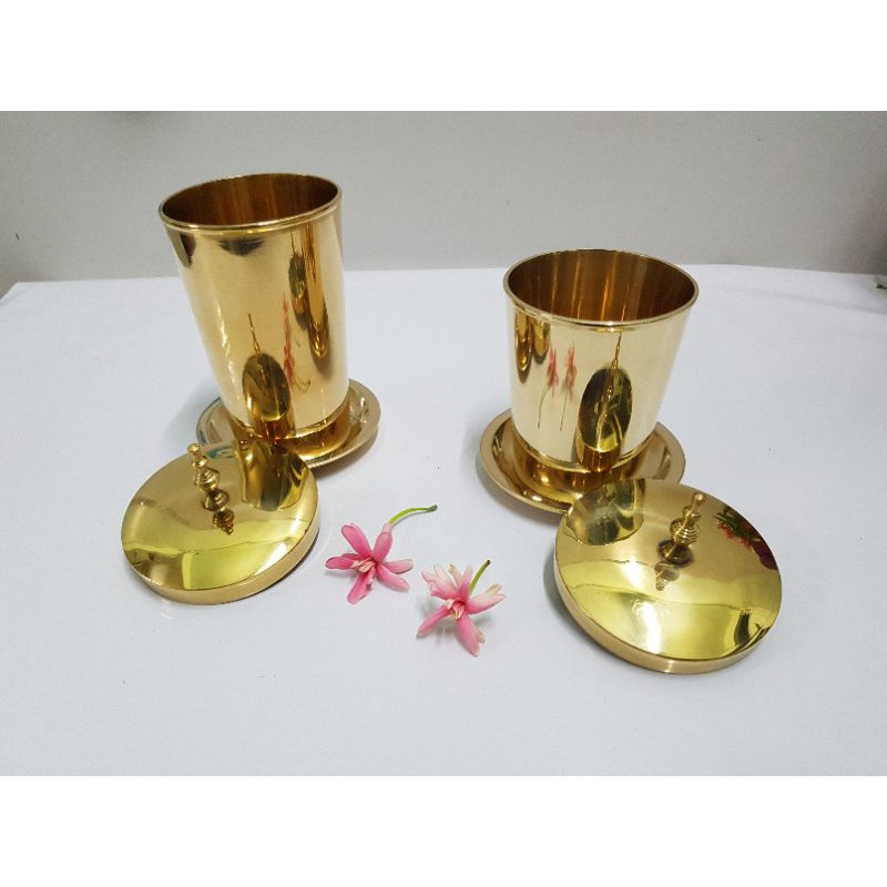 Brass byfa แก้วน้ำทองเหลือง พร้อมฝาครอบแก้ว และจานรองแก้ว