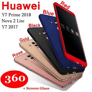 เคสโทรศัพท์แบบเต็มรูปแบบพร้อมกระจกนิรภัยสําหรับ huawei nova 2 lite y 7 prime 2018 y 7 2017 360