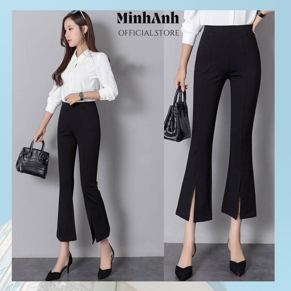 กางเกงขาบานเอวสูง เลกกิ้งขาบานออฟฟิศ ผ้ายืดโฟร์เวย์ ทรงแฟลต QOS5