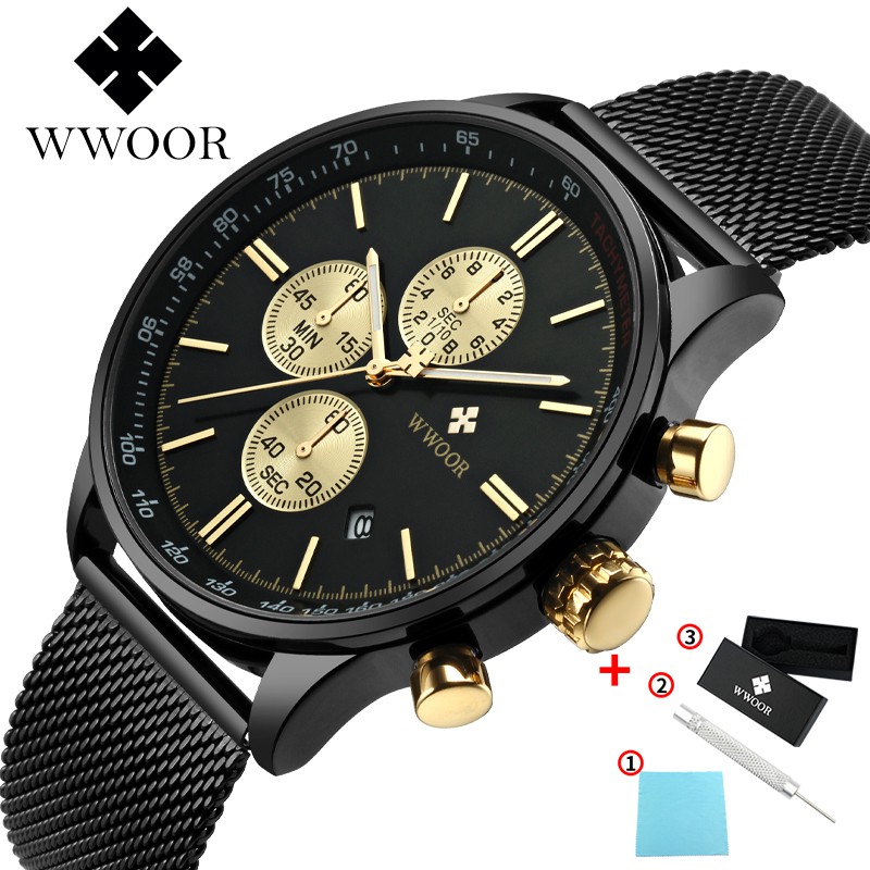 WWOOR นาฬิกาข้อมือผู้ชาย  นาฬิกาแฟชั่นสายสแตนเลสกันน้ำ Quartz Watch 8862
