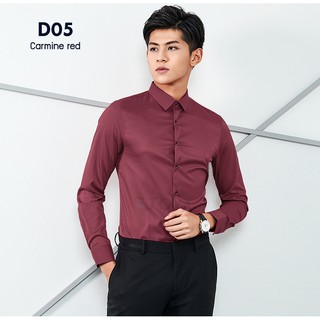 เสื้อเชิ้ตผู้ชายแขนยาว สีแดงคาร์มีน ทรงSlim-Fit