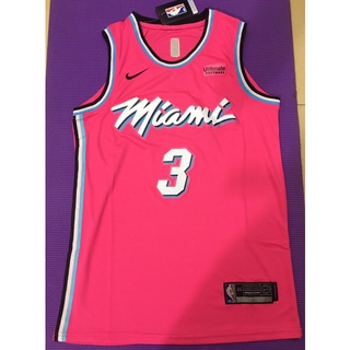 ใหม่ NBA Miami Heat สําหรับผู้ชาย 2021 #เสื้อกีฬาบาสเก็ตบอล ปักลาย 3 Dwyane Wade สีชมพู