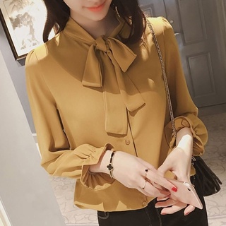 [Ready Stock] Women Korean Style Blouse Loose Bow Top Chiffon Long-sleeved Shirt