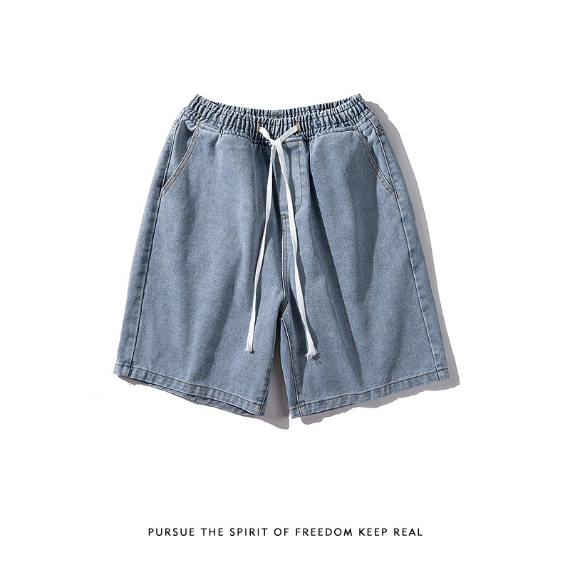 Retro Distressed Washed Denim กางเกงขาสั้นผู้ชาย Hip-Hop Street หลวมเอวยางยืด All-Match Midd
