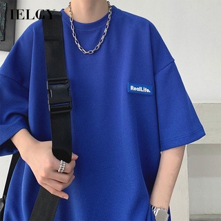 Ielgy Klein เสื้อยืดแขนครึ่ง พิมพ์ลายวาฟเฟิล ทรงหลวม ขนาดใหญ่ สีฟ้า สําหรับผู้ชาย