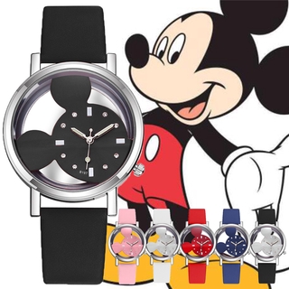 นาฬิกาข้อมือแฟชั่นสําหรับสตรีสายเข็มขัดหนังลาย Mickey Mouse