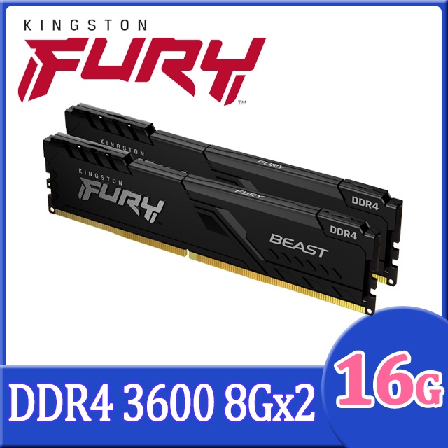 16GB (8GBx2) DDR4 3600MHz RAM (แรมพีซี) KINGSTON FURY BEAST (KF436C17BBK2/16)