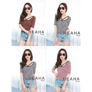 Feminine_Koncept เสื้อครอป แขนสั้น ลายทาง สาย ไขว้หน้า  สไตล์เกาหลี