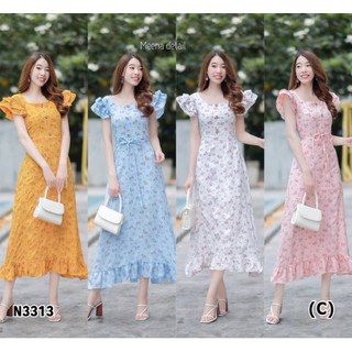 N3313Maxi dress ลายดอกไม้หวาน ทรงคอเหลี่ยม แขนระบาย 2 ชั้นติดกระดุมหลอกด้านหน้า