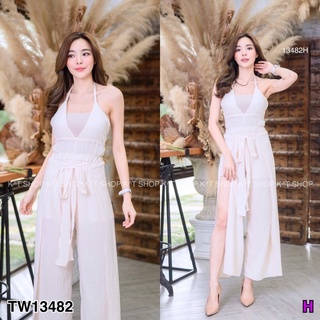 TW13482จั๊มสูทขายาว ผ้าชีฟอง สายเดี่ยว ด้านหน้า คอและหลังแต่งสายผูกโบว์