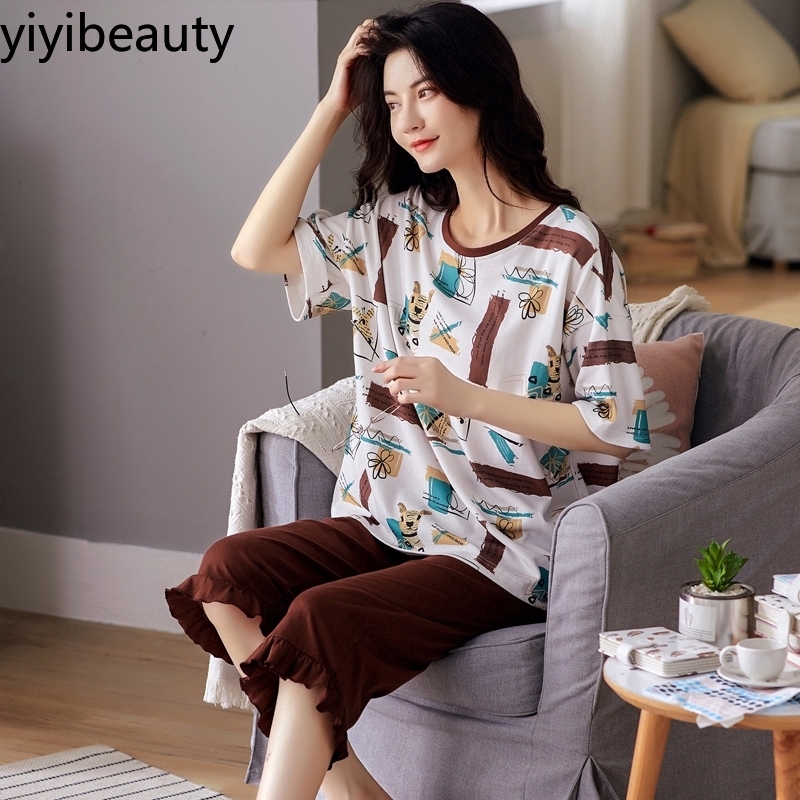 yiyibeauty 2020 summer women cartoon print cotton tshirt and shorts