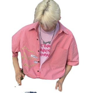 เสื้อเชิ้ตแขนสั้น คอปก ทรงหลวม ปักลาย สีชมพู สไตล์ฮ่องกง สําหรับวัยรุ่น