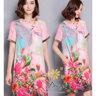 เดรสพิมพ์ลายดอกไม้สีสดใสเนื้อนิ่มมากค่ะ คอวี แขนสั้นชุดมีซับในผ้ายืดแยกบิ้น ใส่ทำงานได้
