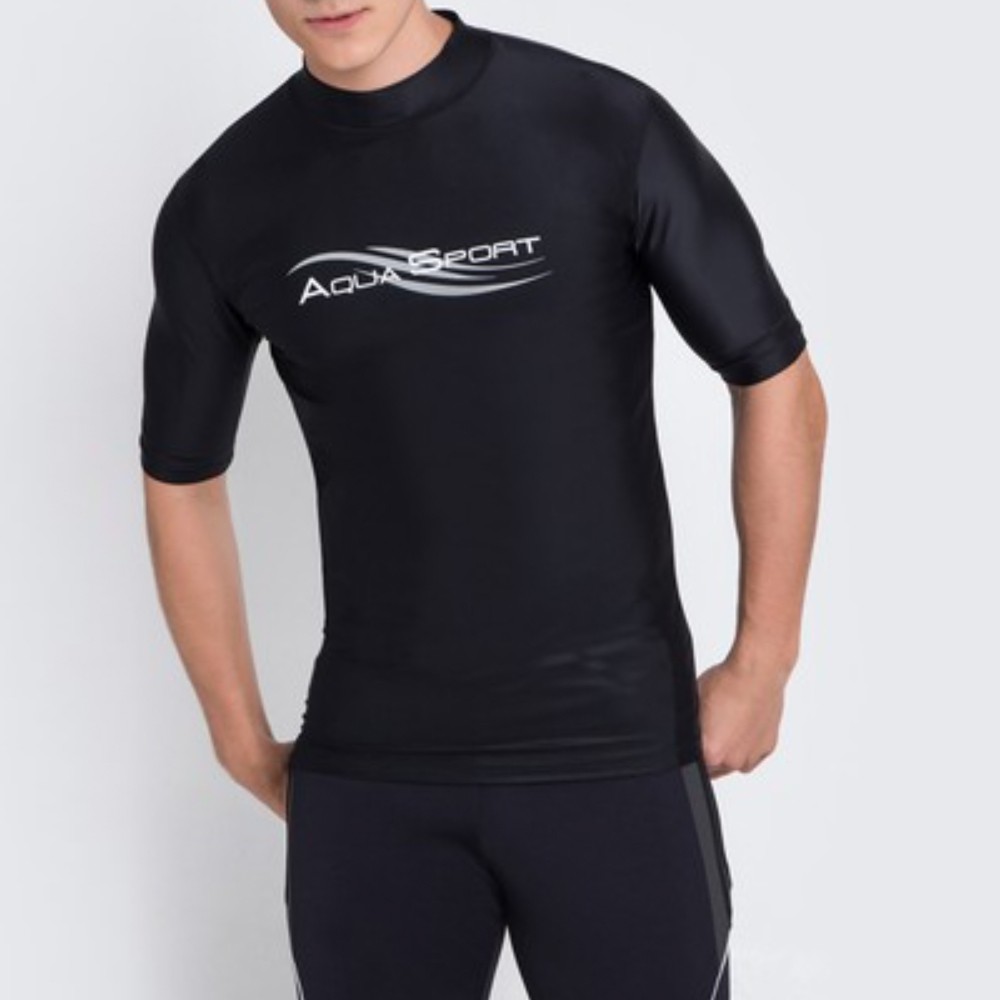 Letmeinsummers พร้อมส่ง! เสื้อว่ายน้ำแขนสั้นสีดำ สกรีนAqua sport รุ่น 14649