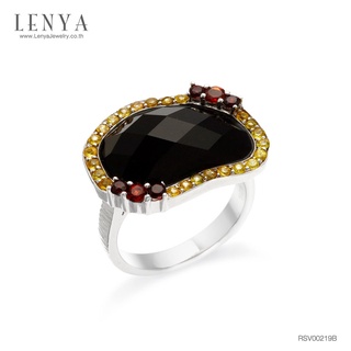 Lenya Jewelry แหวนเงินแท้ประดับด้วยนิล ล้อมรอบด้วยโกเมนและ Yellow Sapphire