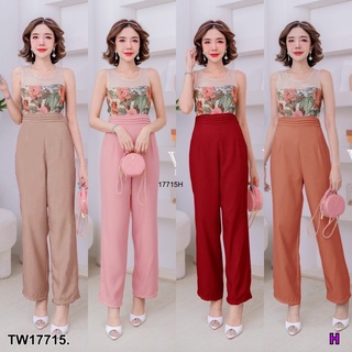 17715 จั๊มสูทแขนกุด ไหล่มุ้ง อกลยดอกไม้ Sleeveless jumpsuit with net shoulder and floral bodice.