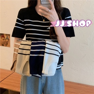 JJ Shop​💜​พร้อมส่ง เสื้อไหมพรมคอกลม แขนสั้น ลายทางน่ารักสไตล์​เกาหลี "98041" -C