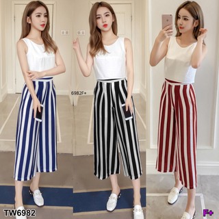 TW6982 Set 2 ชิ้น เสื้อแขนกุด ผูกโบว์หลัง+กางเกงขายาว 6 ส่วนลายริ้วช