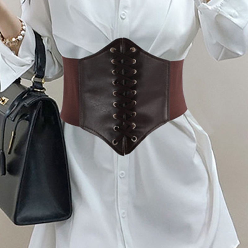 BS * ผู้หญิงหนัง Faux Underbust Corset เข็มขัดเอว Steampunk Vintage Bustier Criss สําหรับ Cross Lace