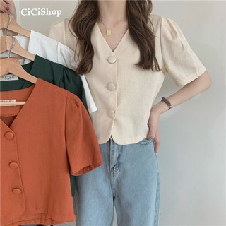 Cicishop(Y2171)เสื้อครอปแขนสั้น ดีเทลกระดุมผ่ากลางเนื้อผ้าใส่สบาย โทนสีสวยใส่แมทช์ได้กับทุกลุค