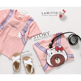 พร้อมส่ง // เสื้อยืดเด็กสีชมพู ลายคิตตี้และหมีบราวด์ ด้านหลังมีกระเป๋าสามารถใส่ของได้