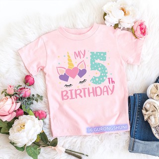 เสื้อยืดแขนสั้น พิมพ์ลายการ์ตูนยูนิคอร์น My 2-9th Birthday Numuber Kawaii สีชมพู สําหรับเด็กผู้หญิง 2021