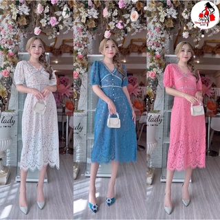 ♡︎เดรสผ้าลูกไม้สีพื้นเรียบหรูดูดี คอวี แต่งกระดุมเพชร สายคาดเพชร ปลายแขนจั๊มตุ๊กตา ผ้าลูกไม้นิ่มสุดๆใส่ได้ทุกโอกาส♡︎