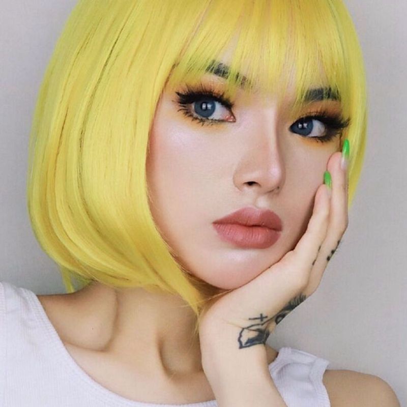 วิกผมบ๊อบสั้นตรง สังเคราะห์ ทนความร้อน หน้าม้า สีเหลือง สีดํา สีน้ําตาล สําหรับผู้หญิง ปาร์ตี้คอสเพลย์