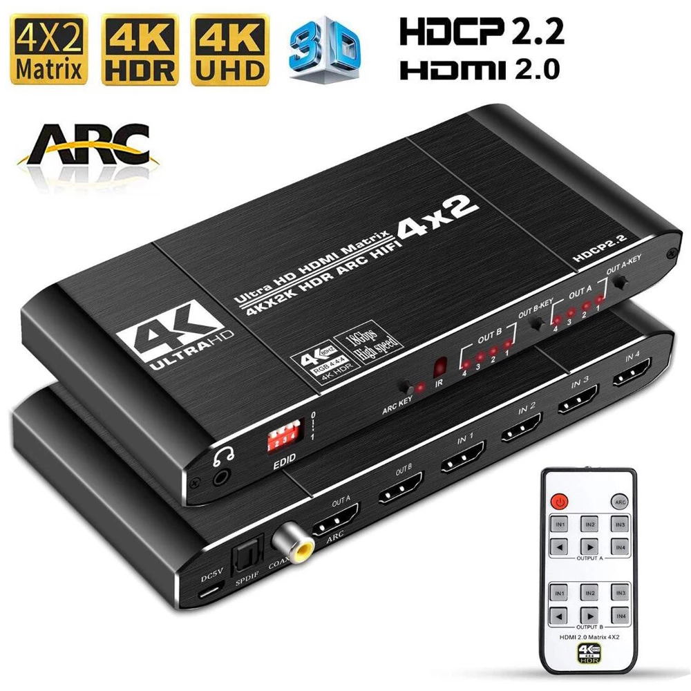 HDMI Matrix 4x2 Switch Splitter 4K@60Hz HDMI 2.0 Matrix with audio HDR HDCP 2.2 IR