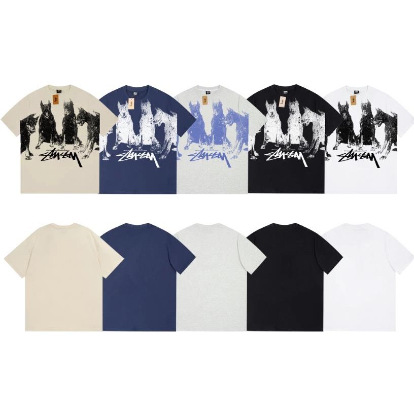 St ***** ssy SS24B07 เสื้อยืดคอกลม แขนสั้น ผ้าฝ้ายแท้ พิมพ์ลายโดเบอร์แมน