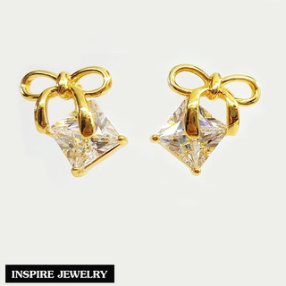 Inspire Jewelry ,ต่างหู รูปโบว์ประดับเพชรสวิส หุ้มทองแท้ 100% 24K ขนาด 1.2 CM สวยหรู พร้อมถุงกำมะหยี่                  .