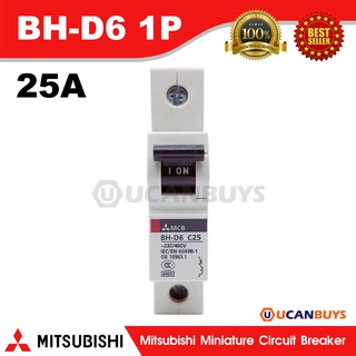 Mitsubishi MCB 1 Pole 25A 6kA รุ่น BH-D6 1P 25A Mitsubishi Miniature Circuit Breaker ลูกเซอร์กิตมิตซูบิชิ 1 โพล 25 แอมป์