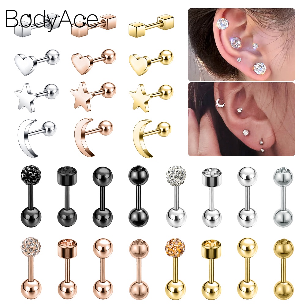 Bodyace 1 ชิ้น สเตนเลส แวววาว แชมบาลา บอล ทรงกลม ต่างหูคริสตัล ดาว ดวงจันทร์ ต่างหูสตั๊ด กระดูกอ่อน กระดูกอ่อน เกลียว เจาะ