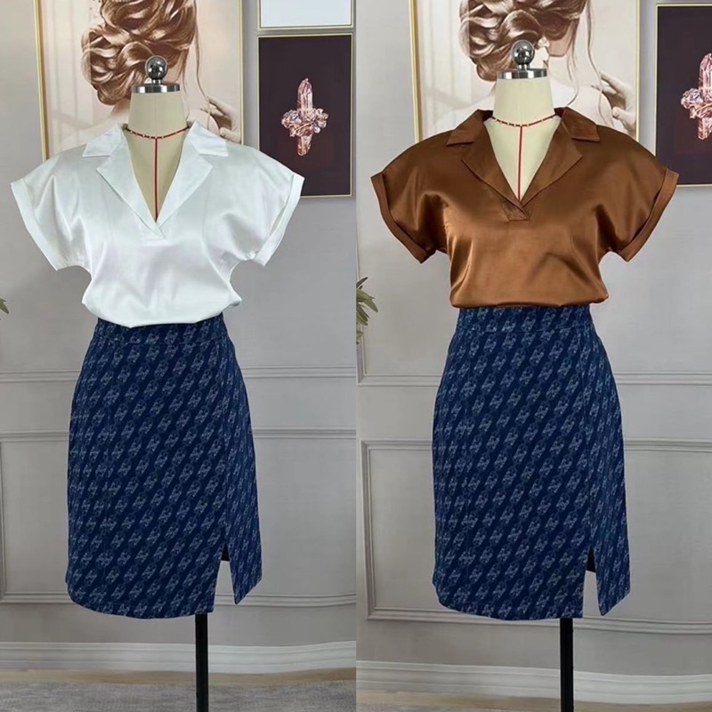 (s,m,l,2xl,4xl) ชุดเข้าเซตผู้หญิง ชุดเซต 2 ชิ้น เสื้อเชิ้ต+กระโปรงยีนส์เอวสูง ทอลาย ลายสวยมากๆ งานป้